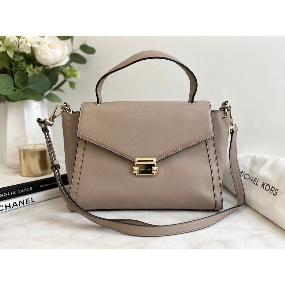 Michael Kors Whitney Large Satchel Taupe Leather Top Handle Crossbody Bag Purse